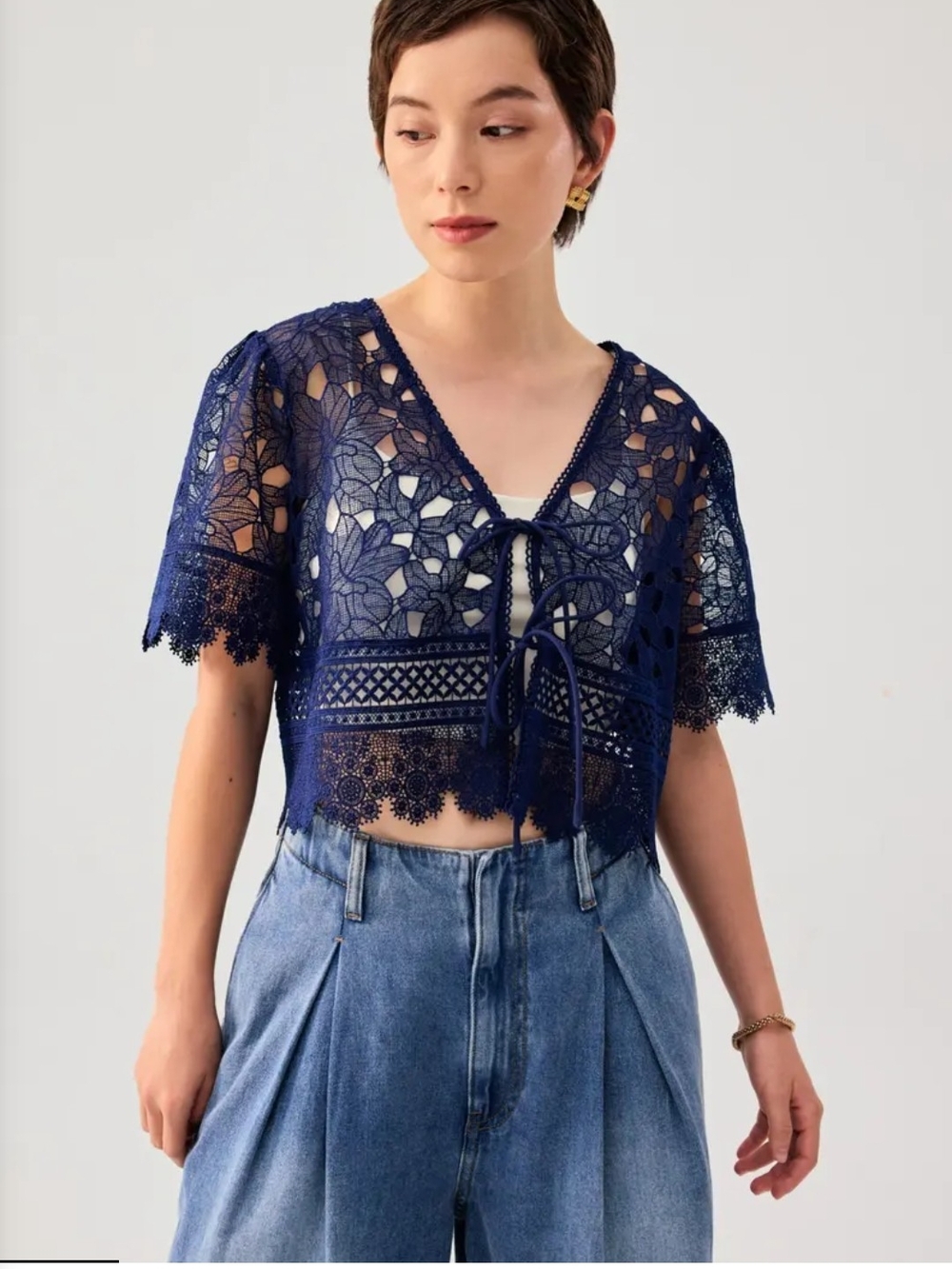 Love Bonito Floral Lace Ribbon Tie V-neck Shell Top, Size S in Navy Blue